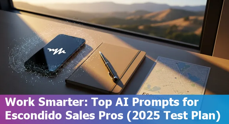 Sales professional in Escondido using AI prompts on a laptop with local city backdrop.