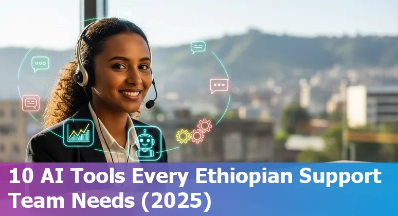 Illustration of customer service agents in Ethiopia using AI tools like Convin AI, Zendesk and Fireflies.ai on laptops and mobile phones.