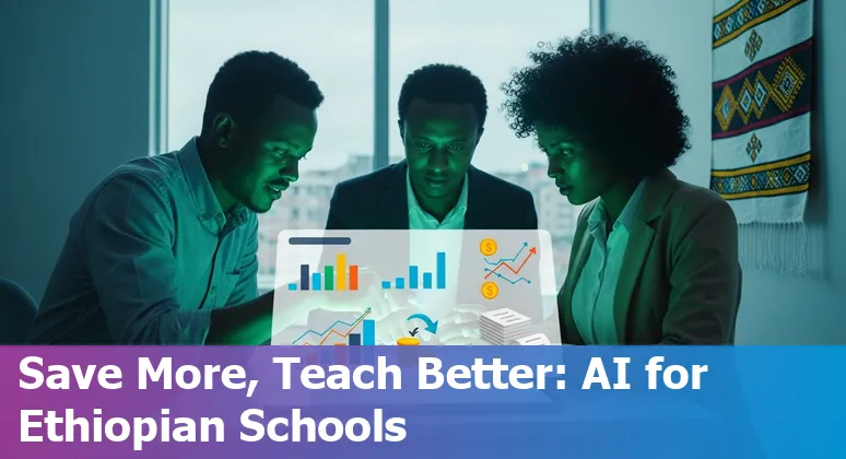 Illustration of AI tools improving education efficiency in Ethiopia with students and teachers