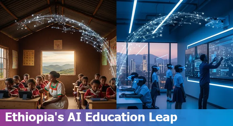 Teachers using AI tools in a classroom in Ethiopia in 2025 with EAII Mela and ChatGPT visible on laptops