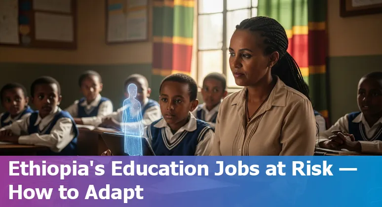 Ethiopian teacher using a tablet with AI icons and students in a classroom, symbolizing AI’s impact on education jobs.
