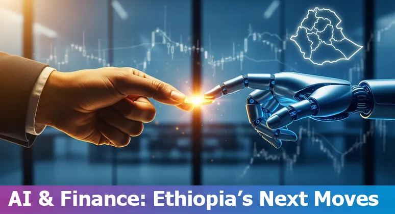 Illustration of AI and finance workers in Addis Ababa, Ethiopia with data and banking icons