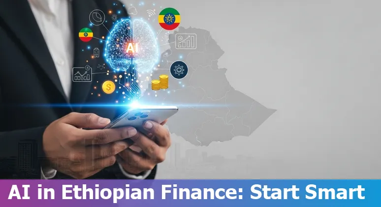 Illustration of AI in Ethiopia's financial services (2025) showing mobile money, banks, EAII, PDPP compliance and fintech growth in Ethiopia
