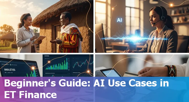 Illustration of AI use cases in Ethiopian banking: chatbots, fraud detection, document automation, multilingual support