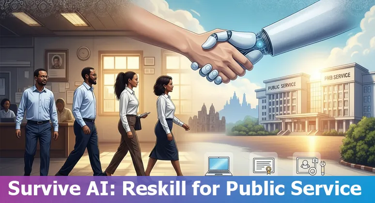 Ethiopian government workers with AI icons, training symbols and digital records representing reskilling and adaptation
