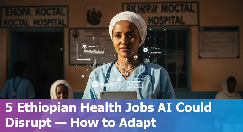 Healthcare worker using tablet in an Ethiopian clinic, showing AI-driven tools and training resources.