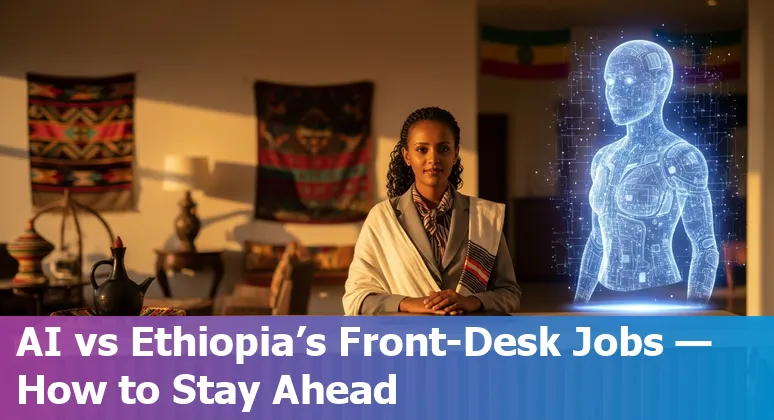 Hotel front desk in Addis Ababa with staff assisting guests, representing hospitality jobs adapting to AI