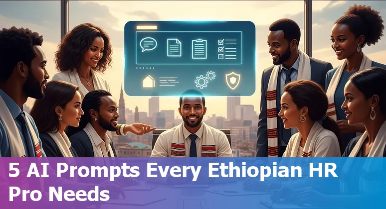 Ethiopian HR professional using AI prompts on a laptop displaying Amharic text and HR icons