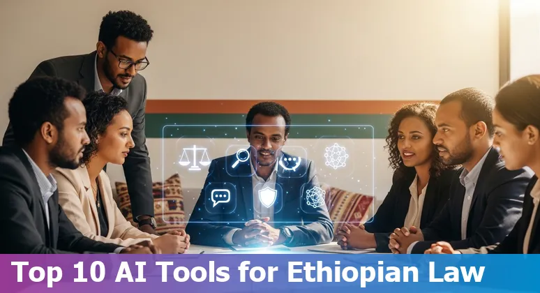 Ethiopian lawyer using AI tools on a laptop with legal documents and Ethiopian flag in background