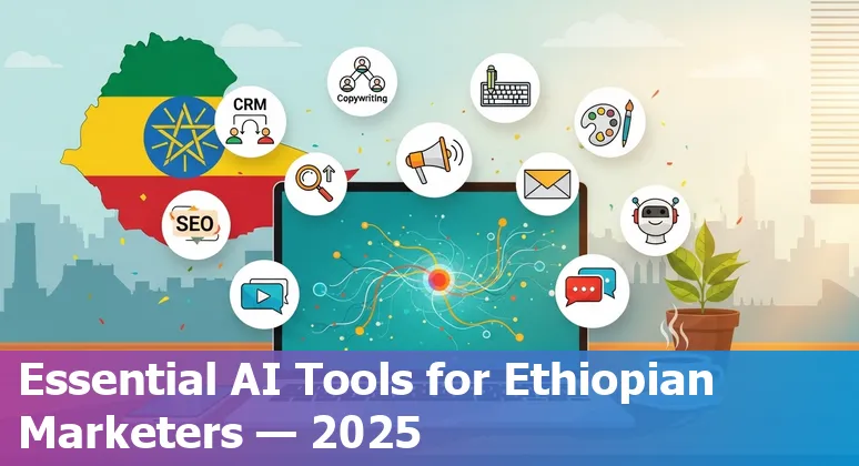 Collage of logos: HubSpot, Jasper, Canva, Brand24, Albert.ai, Seventh Sense, MarketMuse, Synthesia, Conversica, FeedHive over an outline map of Ethiopia