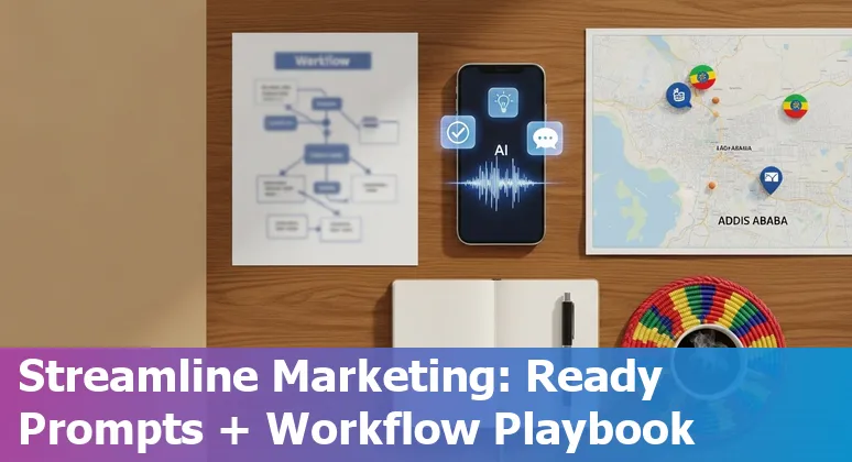 Ethiopian marketing team using AI tools on a laptop with icons for ChatGPT, Midjourney, Hootsuite and Amharic-English captions.