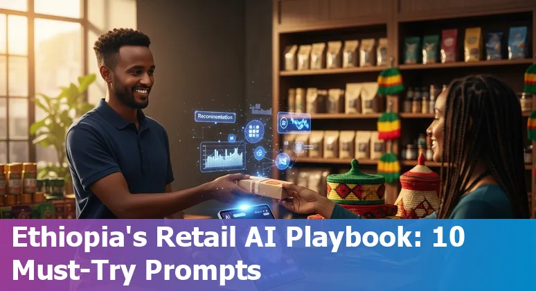 Retail staff using AI dashboard and multilingual chatbot on mobile in an Ethiopian market