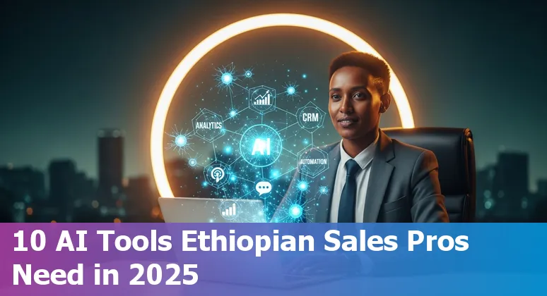 Ethiopian sales professional using AI tools on laptop: CRM, call transcripts, and email assistant visualized