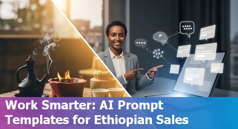 Sales professional in Addis Ababa using AI prompts on a laptop with Ethiopian city skyline in the background.