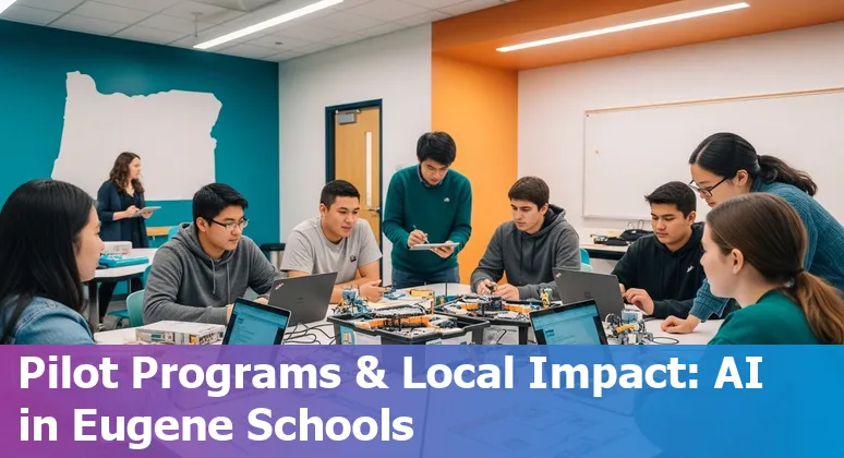 Teacher using AI prompts on a laptop in a Eugene, Oregon classroom with students and a school building outside.