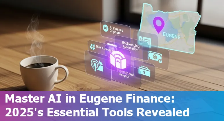 Collage of AI tools for finance with Eugene, Oregon skyline and icons for bookkeeping, forecasting, payroll, and compliance.