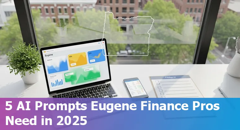 Finance professional in Eugene using AI prompts on a laptop, with cash flow charts and board deck slides on screen.
