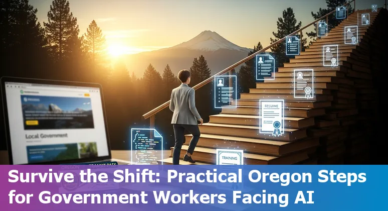 City of Eugene government worker at a public counter with laptop and community members, illustrating AI impact and retraining.