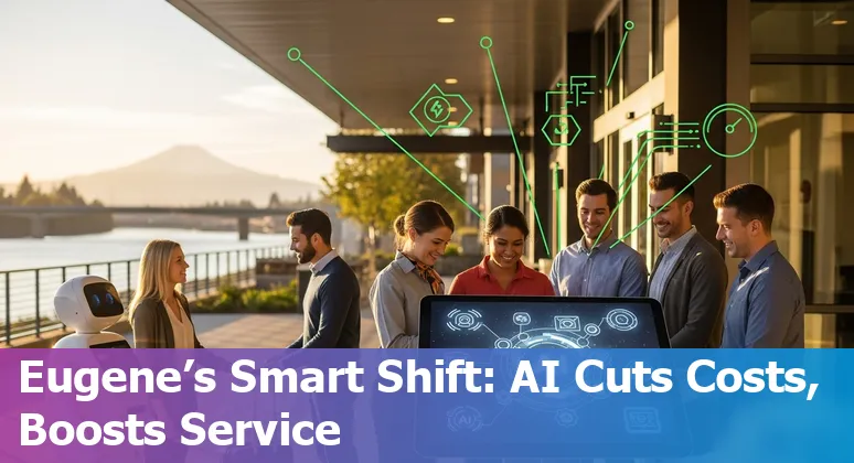 Hotel lobby with AI kiosk and robotic cart in Eugene, Oregon, US - illustrating cost savings and efficiency improvements