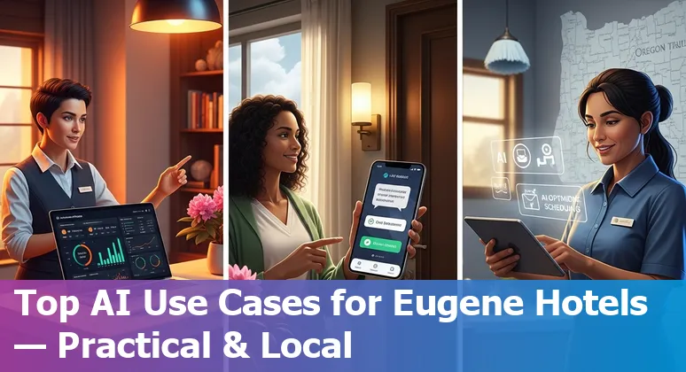 Hotel front desk using AI chatbot tablet with Eugene, Oregon skyline and 5th Street Public Market in background, Eugene, OR.