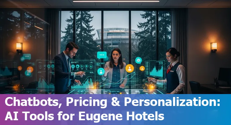 Hotel staff using AI dashboard with Eugene skyline and Willamette River in background