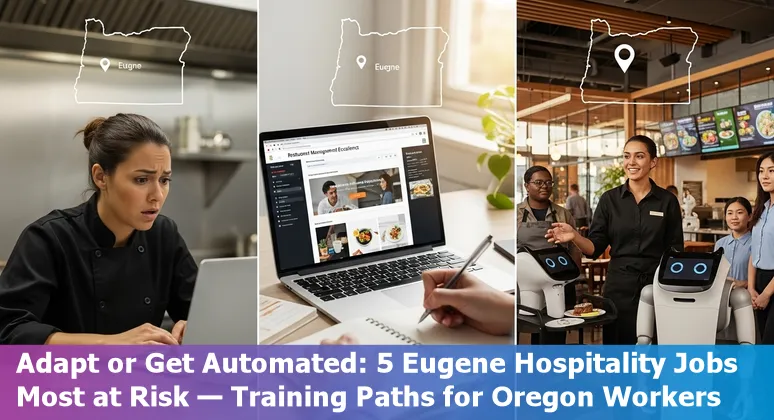 Hospitality workers in Eugene learning about AI and retraining options in a hotel lobby with city skyline