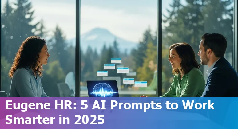 HR professional in Eugene using AI prompts on a laptop to draft benefits, job posts, and policies.