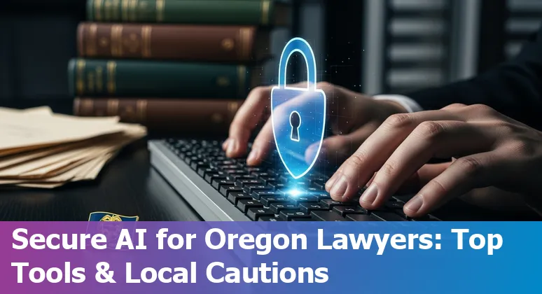 Lawyer using AI tools on laptop with Eugene, Oregon map and courthouse icons in background
