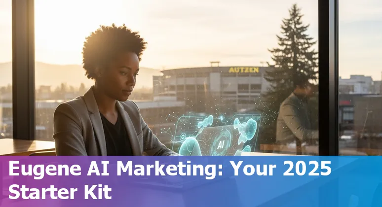 Marketing professional using AI tools on a laptop in Eugene, Oregon skyline, 2025