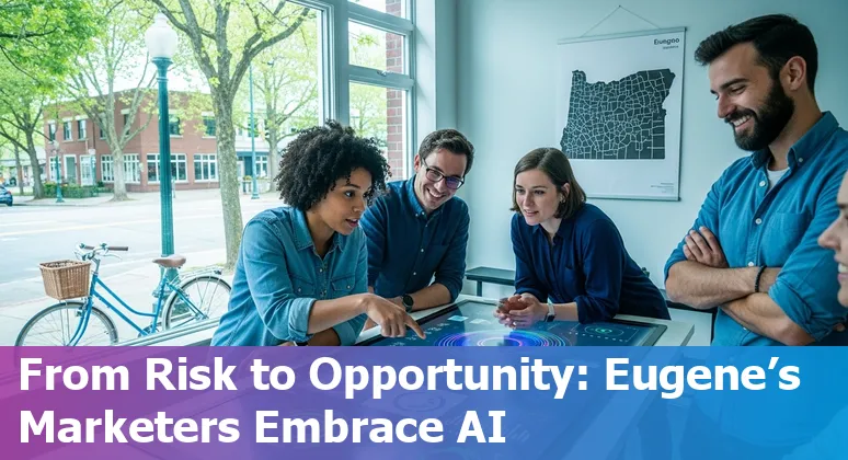 Marketing professional using AI tools in Eugene, Oregon skyline – 2025 guidance for local marketers