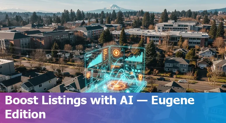 Real estate agent using AI tools on a laptop with Eugene, Oregon neighborhood map in the background