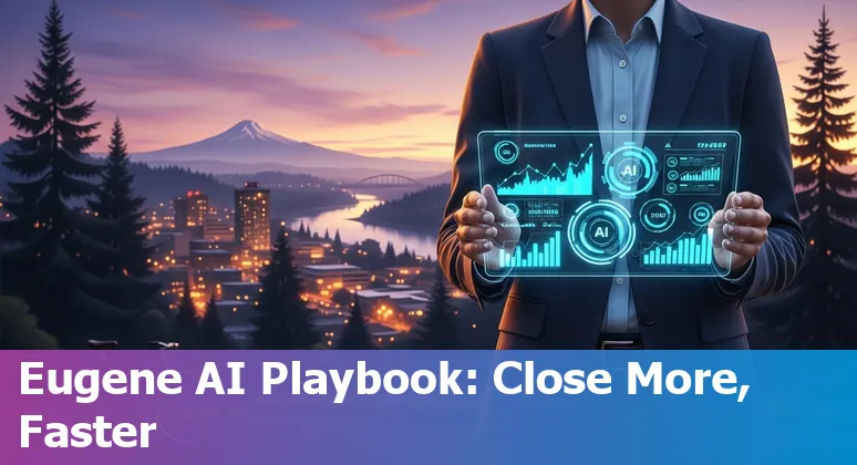 Sales professional using AI tools in Eugene, Oregon in 2025, with local landmarks and FreshBI dashboard on screen