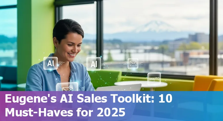 Sales professional using AI tools on laptop with Eugene, Oregon skyline in background