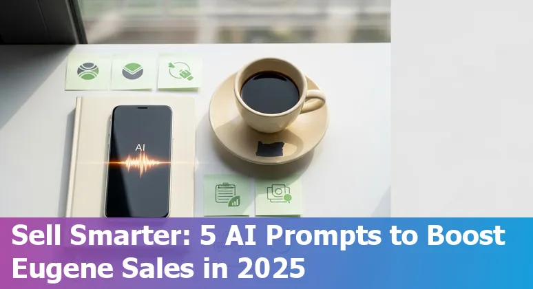 Sales professional in Eugene using AI prompts on a laptop with Eugene downtown background.