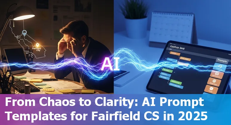 Customer service agent using AI prompts on a laptop with Fairfield city map overlay.