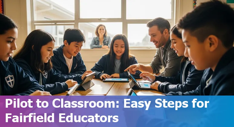 Illustration of Fairfield, California school administrators reviewing AI policy documents and Canvas integrations, 2025