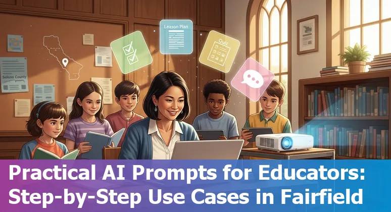 Students and educator in Fairfield, CA classroom using AI tutoring and tools on laptops, with City of Fairfield building in background.
