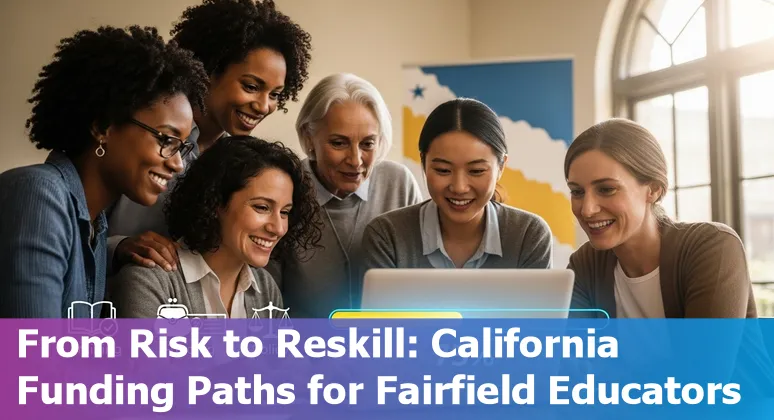 Educators and school staff in Fairfield discussing AI risks and adaptation strategies in a school office setting