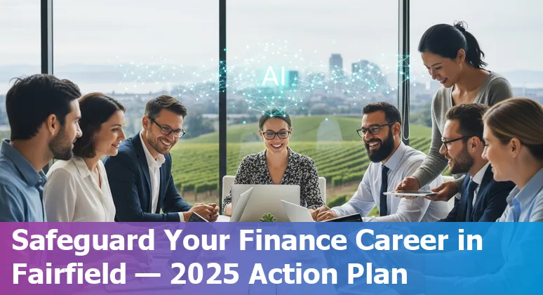 Finance professional learning AI tools in Fairfield, California, US — laptop, charts, and local skyline in background