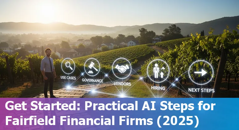 Illustration of AI in financial services with a Fairfield, California skyline and finance icons