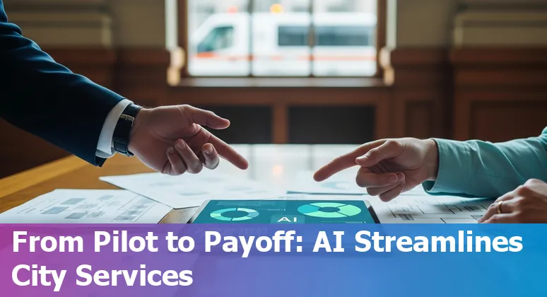 City of Fairfield, CA government building with AI icons showing cost savings and efficiency in California, US