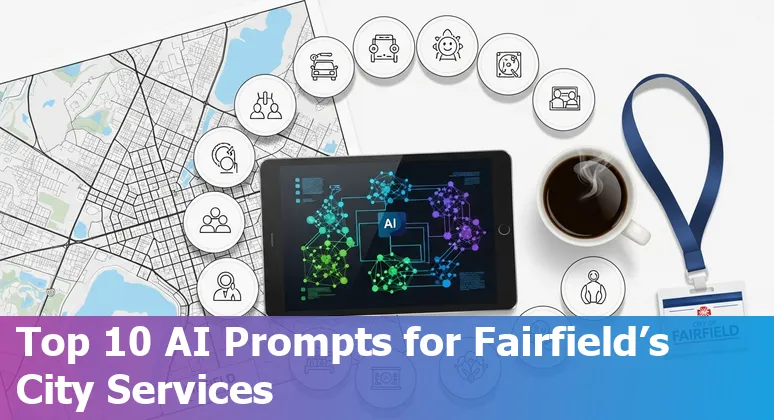 City of Fairfield municipal building with digital AI icons overlay representing chatbots, GIS, and cybersecurity.