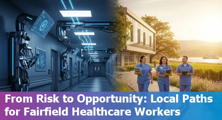 Healthcare worker using a tablet with AI icons overlay, representing jobs adapting to AI in Fairfield, California