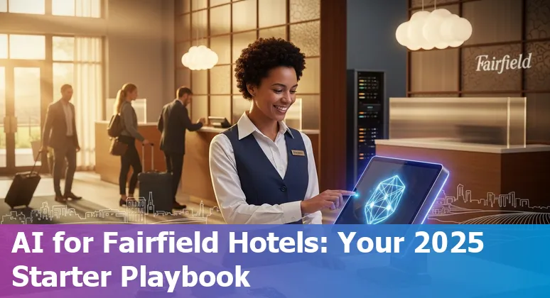 Hotel lobby with AI-driven concierge kiosk and Fairfield, California skyline in the background - image showing AI in hospitality in Fairfield, California