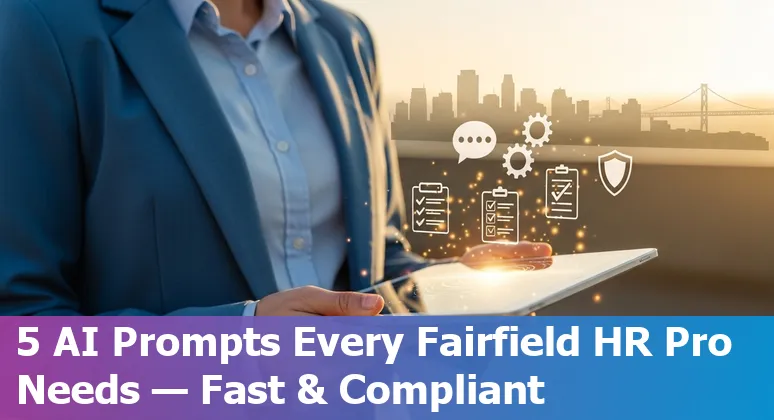 HR professional using AI prompts on a laptop with Fairfield, California skyline in background