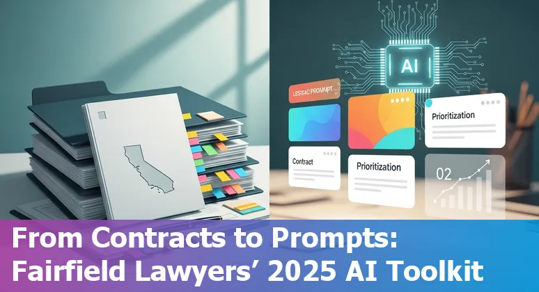 Fairfield lawyer using AI prompts on laptop with legal documents and privacy shield icon