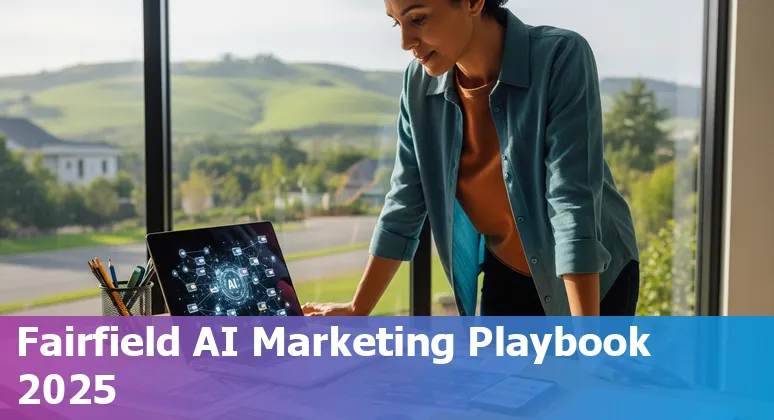 Marketing professional using AI tools in Fairfield, California in 2025 — laptop showing GPT-4, analytics, and local landmarks