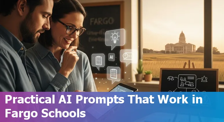 Teacher using AI prompts on a laptop with Fargo skyline and school icons