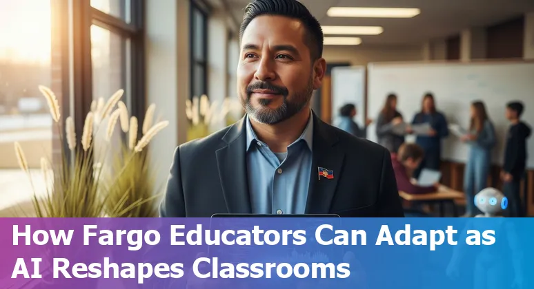 Teacher reviewing AI-generated lesson drafts on a laptop with Fargo skyline in background