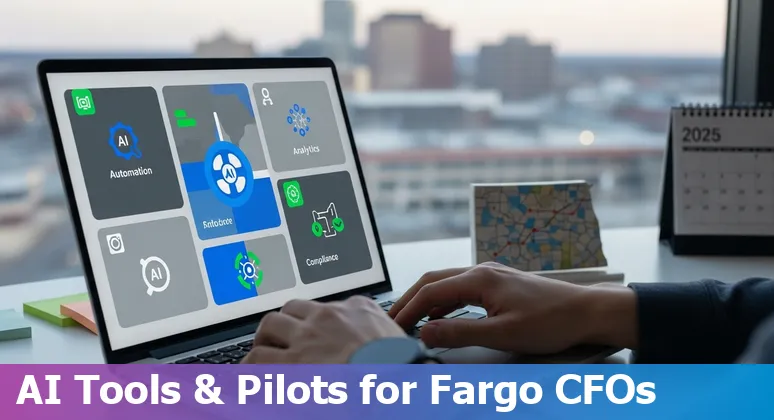 Finance professional using AI dashboard with Fargo, North Dakota skyline and Grand Farm imagery in background